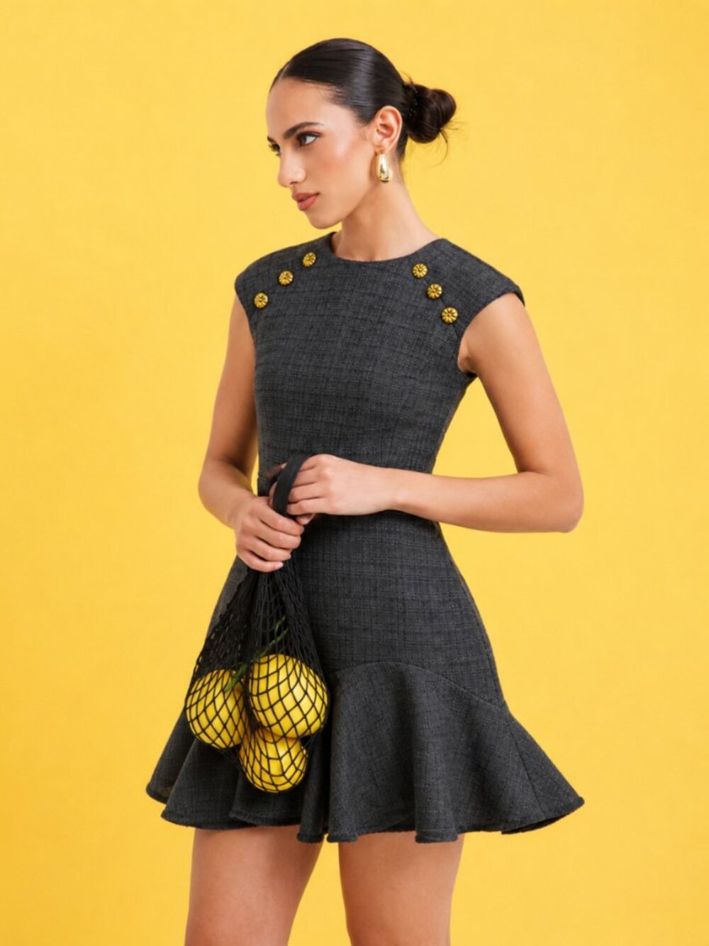 Sandro Paris 8 Tweed Mini Black Dress Gold Buttons Ruffle Hem Preppy Y2K